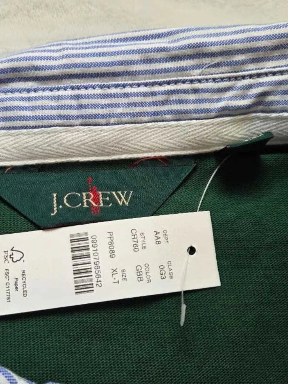 New XL Tall J.Crew rugby shirt with striped oxford collar green longsleve polo